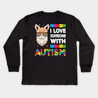 I Love Someone With Autism Funny Autism Awareness Llama Puzzle Kids Long Sleeve T-Shirt